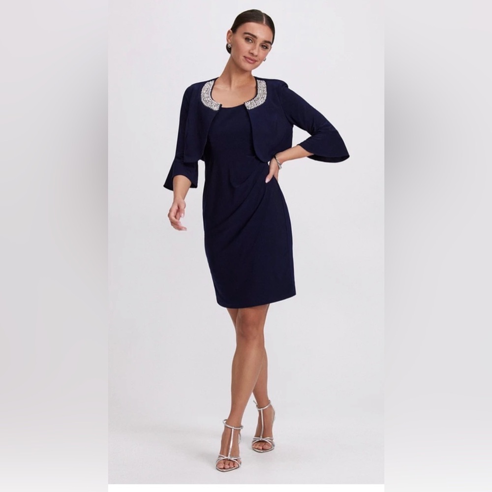 Beautiful Modest R&M Richards Navy Long Sleeve Dress with Embellished Neckline